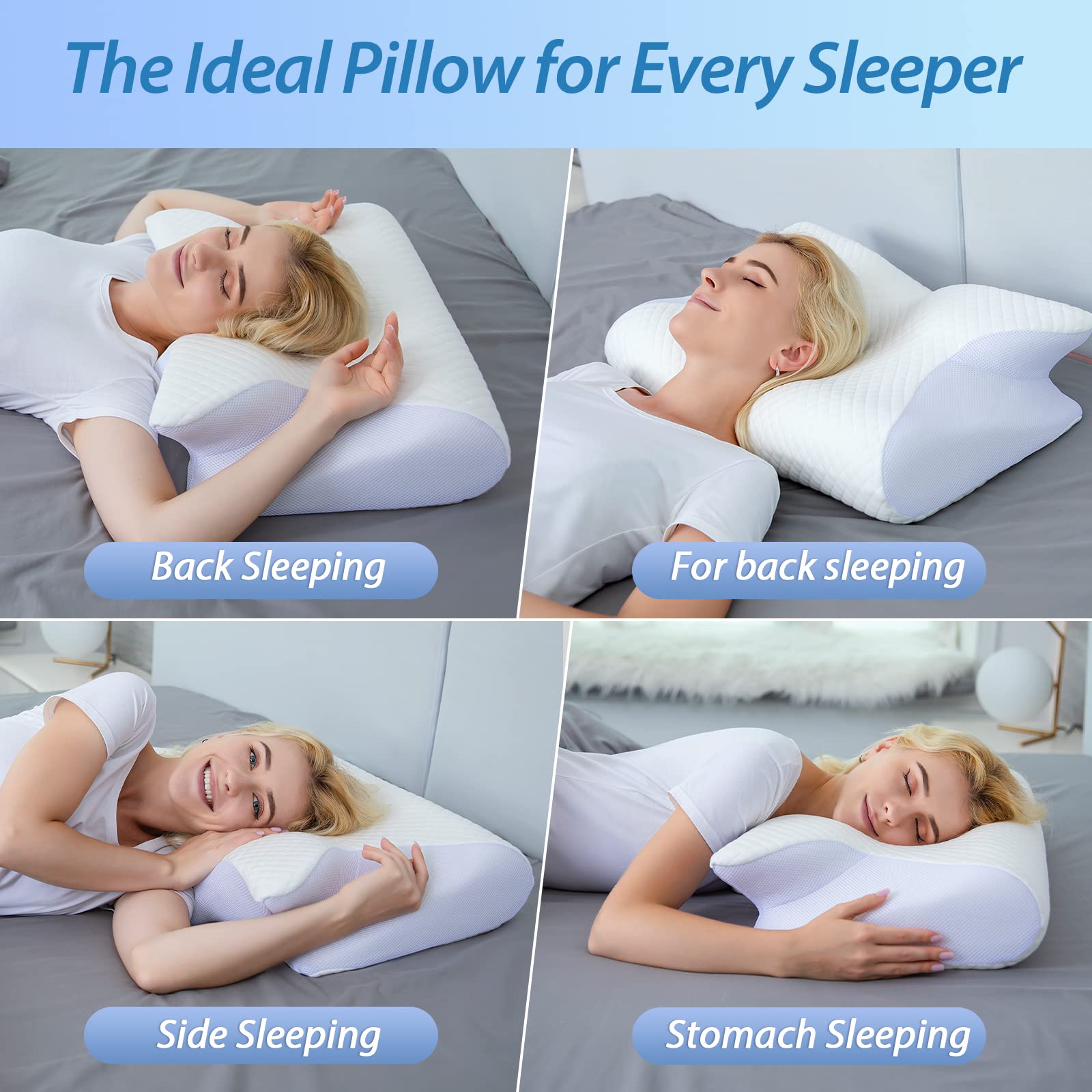 HOMCA Memory Foam Pillow, 2 in 1 Cervical Pillow for Neck Pain Relief, Ergonomic Neck Support Pillows for Side Back Stomach Sleepers with Breathable Pillowcase(White)