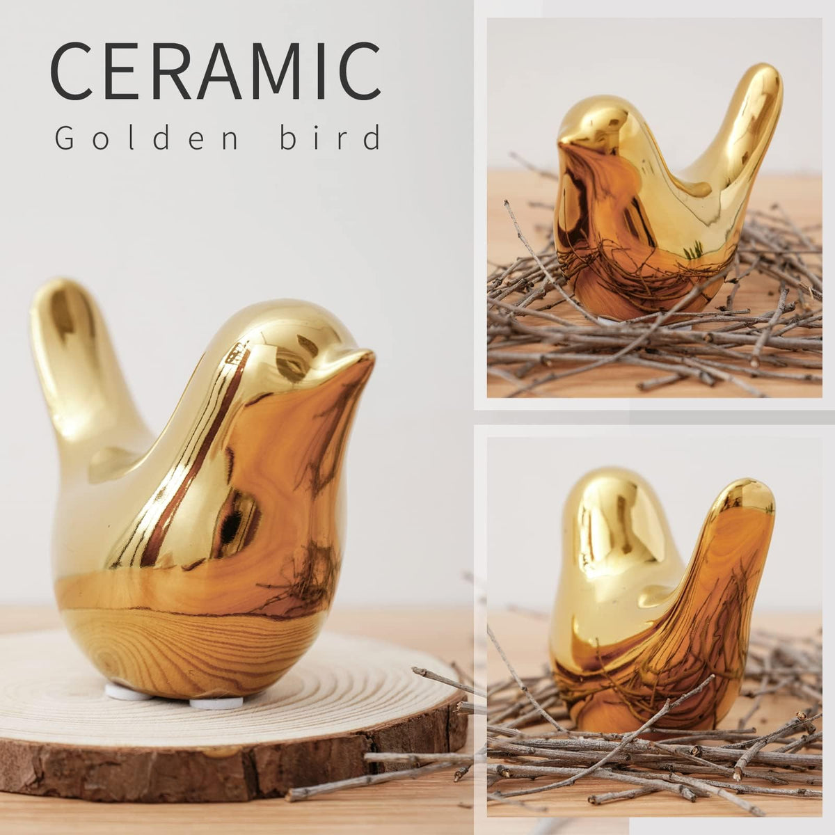 2Pcs Gold Ceramic Bird Figurines, Shiny Metallic Decorative Bird Sculptures for Home, Shelf, Desk, Table, Holiday and Party Decor, Premium Gift for Living Room Bedroom Office 🍁 All In One Marketplace Canada