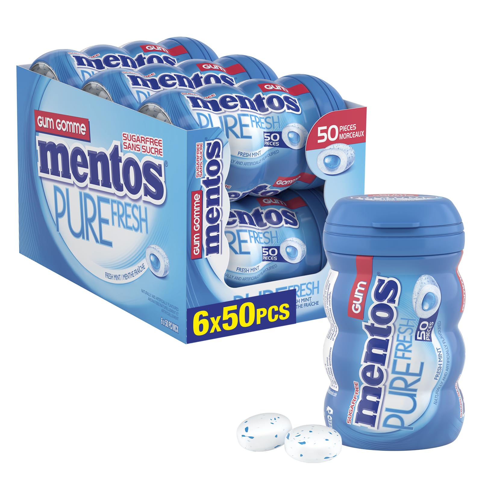 Mentos Pure Fresh Mint Sugar-Free Chewing Gum - 6 Bottle Bundle (300 Pieces)