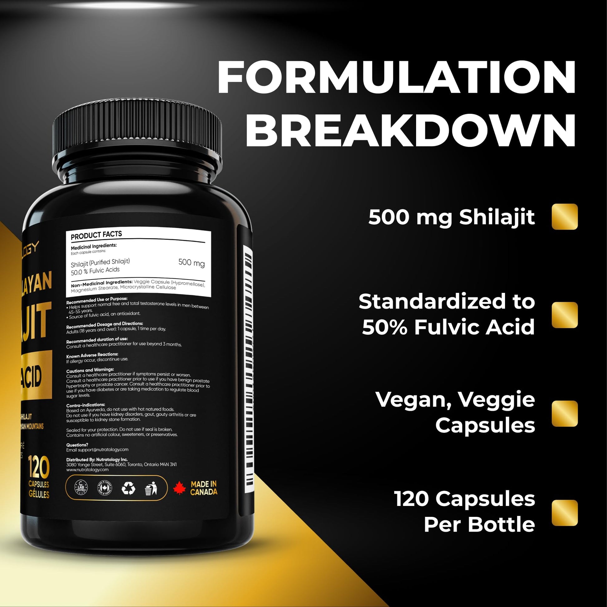 Nutratology® Pure Shilajit Capsules | 50% Fulvic Acid | High Potency & Purity - Sourced from the Himalayan Mountains - Shilajit for Men & Women - 120 Count - Available at All In One Marketplace Canada