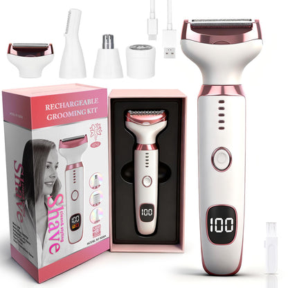 Beanify Electric Razor for Women Men,4 in 1 LED Display Ladies Wet & Dry Body Razors and Facial Hair Remover, Rechargeable Painless Hair Removal Kit for Nose Face Body Leg Bikini Arm Hair (Pink) - Available at All In One Marketplace Canada