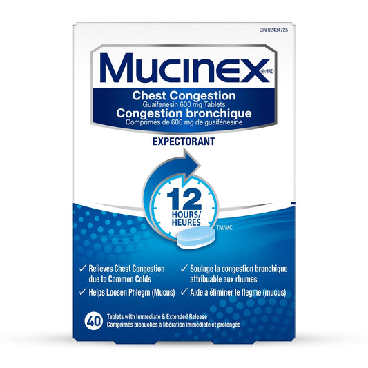 Mucinex, Chest Congestion, 12 Hour Extended-Release Bi-Layer Tablets, Expectorant, 600 mg, 40 Count - Available at All In One Marketplace Canada