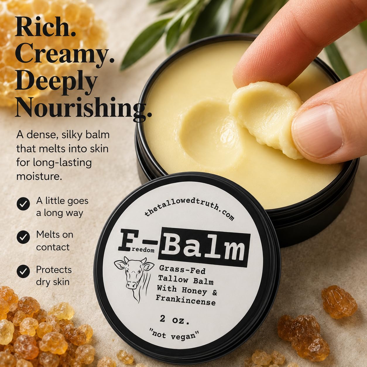 The Tallowed Truth F-Balm - All-In-One Premium Tallow Balm for Face & Body – Grass-Fed, Grass-Finished with Soft Sweet Scent of Honey & Frankincense – 5 Ingredients Only – Made in Canada - 2 oz - Available at All In One Marketplace Canada