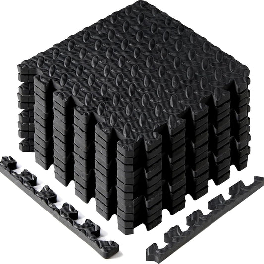 Yes4All EVA Interlocking Mats, Puzzle Floor Tiles, Foam Floor Padding with Border for Furniture, Home Space, Living Room, Garage - Black, 1.02 m2 🍁 All In One Marketplace Canada