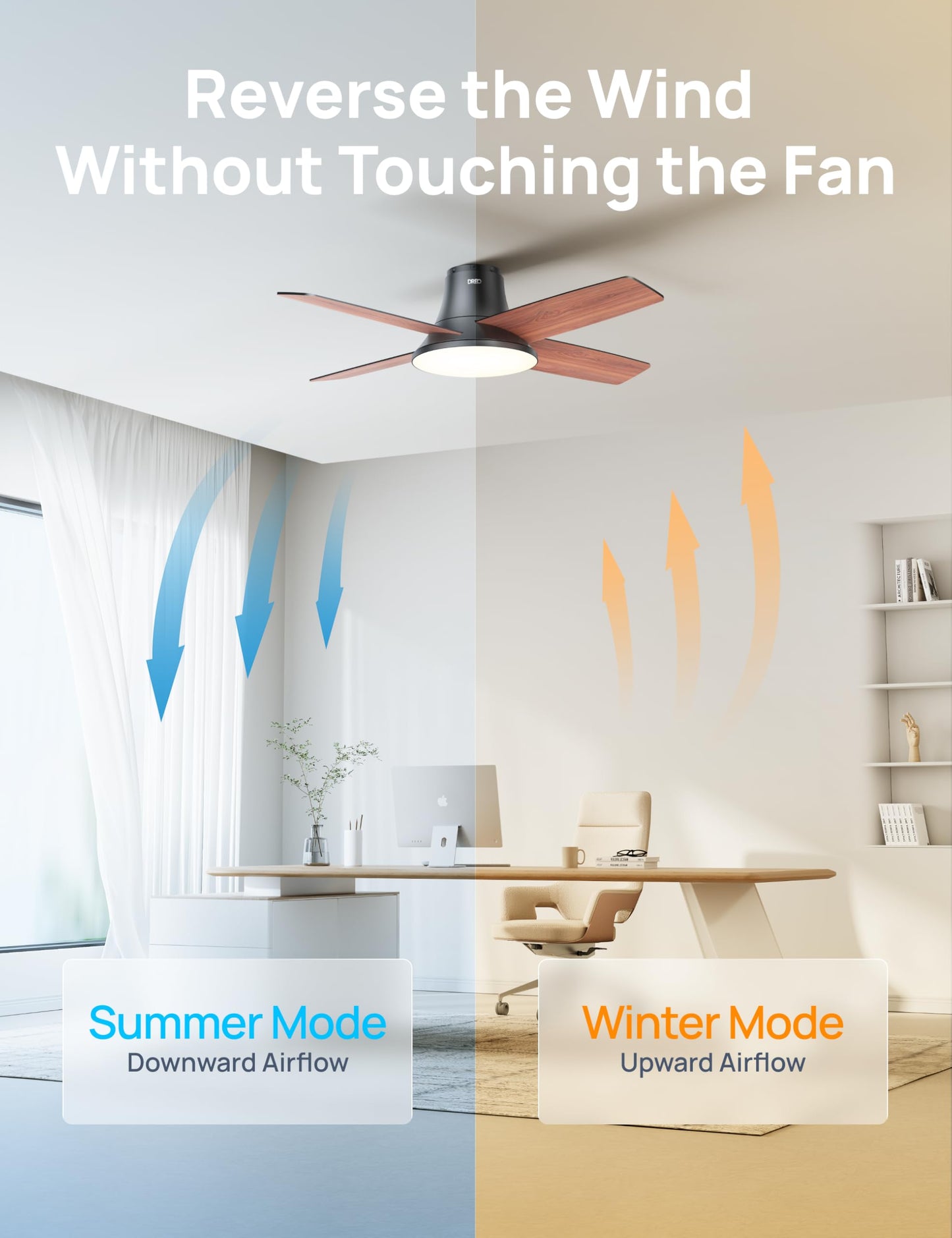 Dreo Ceiling Fans with Lights, 12 Speeds & 3 Fan Modes, Quiet DC Motor, Low Profile Easy to Install, Flush Mount Smart Ceiling Fan with Dimmable LED, 12H Timer for Bedroom, Remote, Black, 44'' DREO