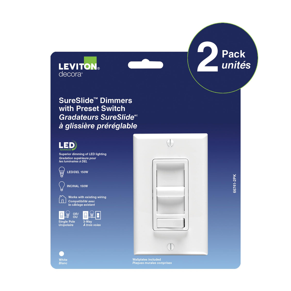 Leviton 2-Pack SureSlide Dimmer Switch for Dimmable LED, Halogen and Incandescent Lighting, 66741-2PK, Wallplates Included, White
