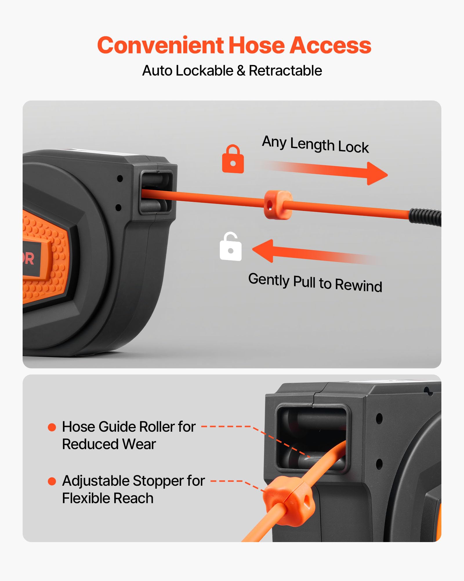 VEVOR Retractable Air Hose Reel, 1/4 Inch x 50 FT Hybrid Air Hose Max 300PSI, Enclosed Air-Compressor Hoses Reel Auto Rewind with 6.6 ft Lead in & Blow Gun, 180° Swivel Ceiling/Wall Mount VEVOR