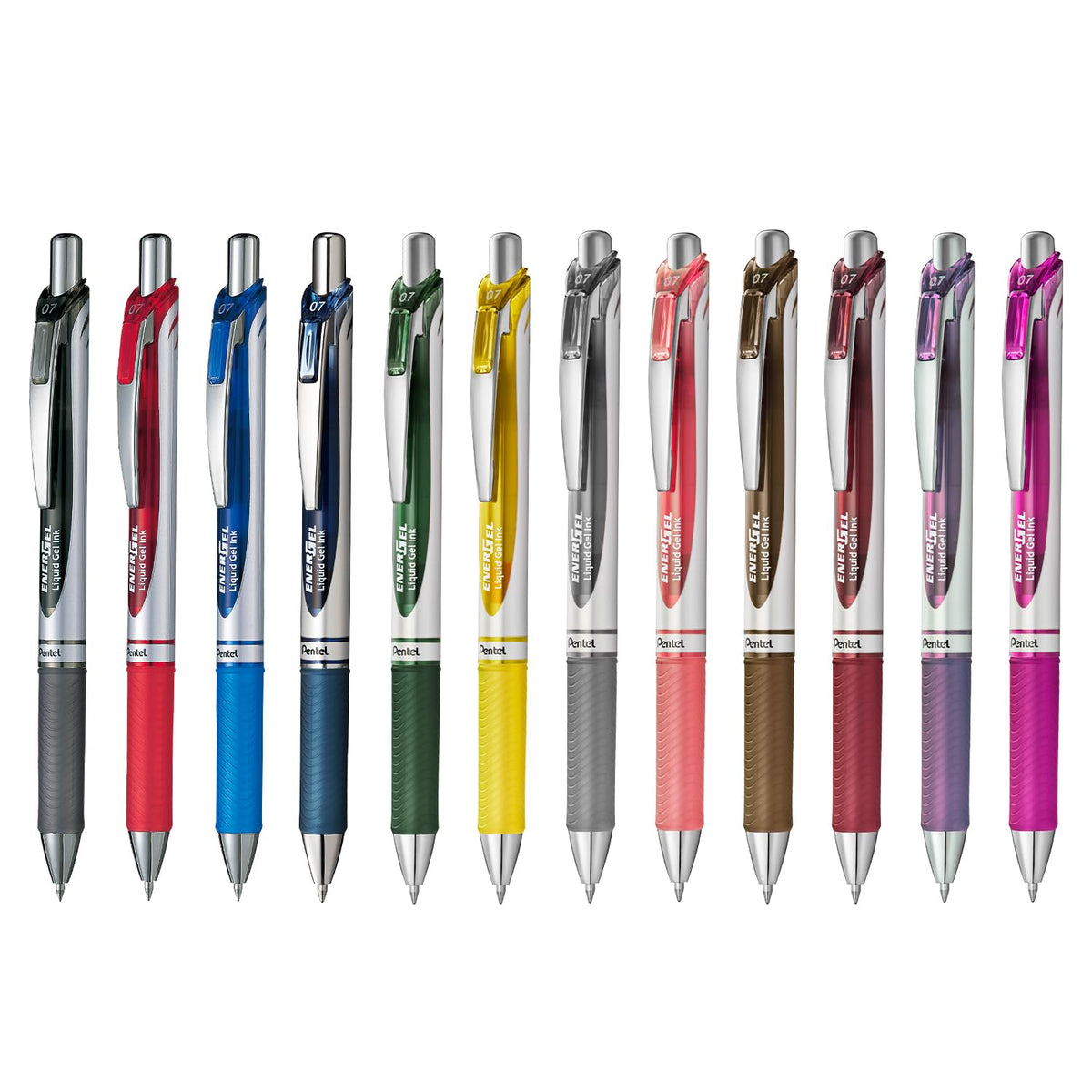 Pentel EnerGel Retractable Liquid Gel Rollerball, 0.7mm Medium Point, 12 Colours Assorted, Box of 12