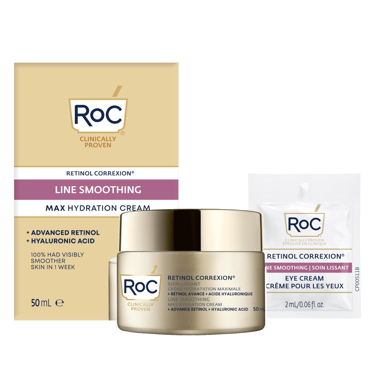 RoC Retinol Correxion Max Daily Hydration Anti-Aging Face Moisturizer with Hyaluronic Acid, Oil Free Skin Care Cream for Fine Lines, Dark Spots, Post-Acne Scars, 50ml, with Retinol Eye Cream Packette RoC