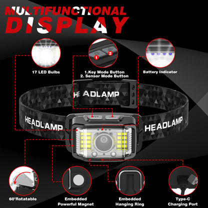 Headlamp Rechargeable 2 Packs,2000 Lumen Super Bright Motion Sensor 16 Modes (Individual Control) LED Headlamp,Waterproof Lightweight Flashlight Hard Hat Light for Outdoor Camping Fishing Running - Available at All In One Marketplace Canada