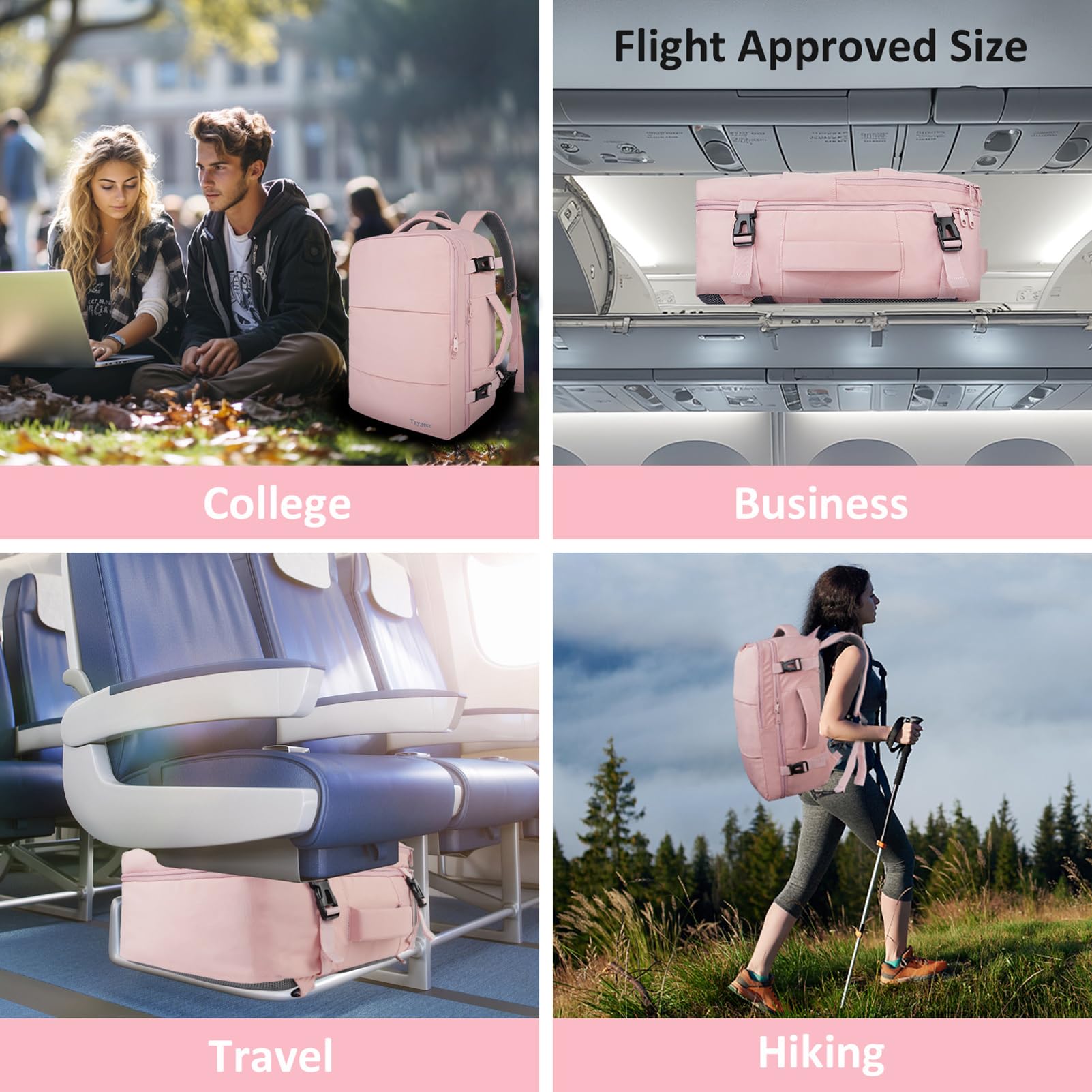 Taygeer Travel Backpack for Women, Carry On Backpack with Shoe Pouch, TSA 15.6inch Laptop Backpack Flight Approved, College Nurse Bag Casual Daypack for Weekender Business Hiking, Pink - Available at All In One Marketplace Canada