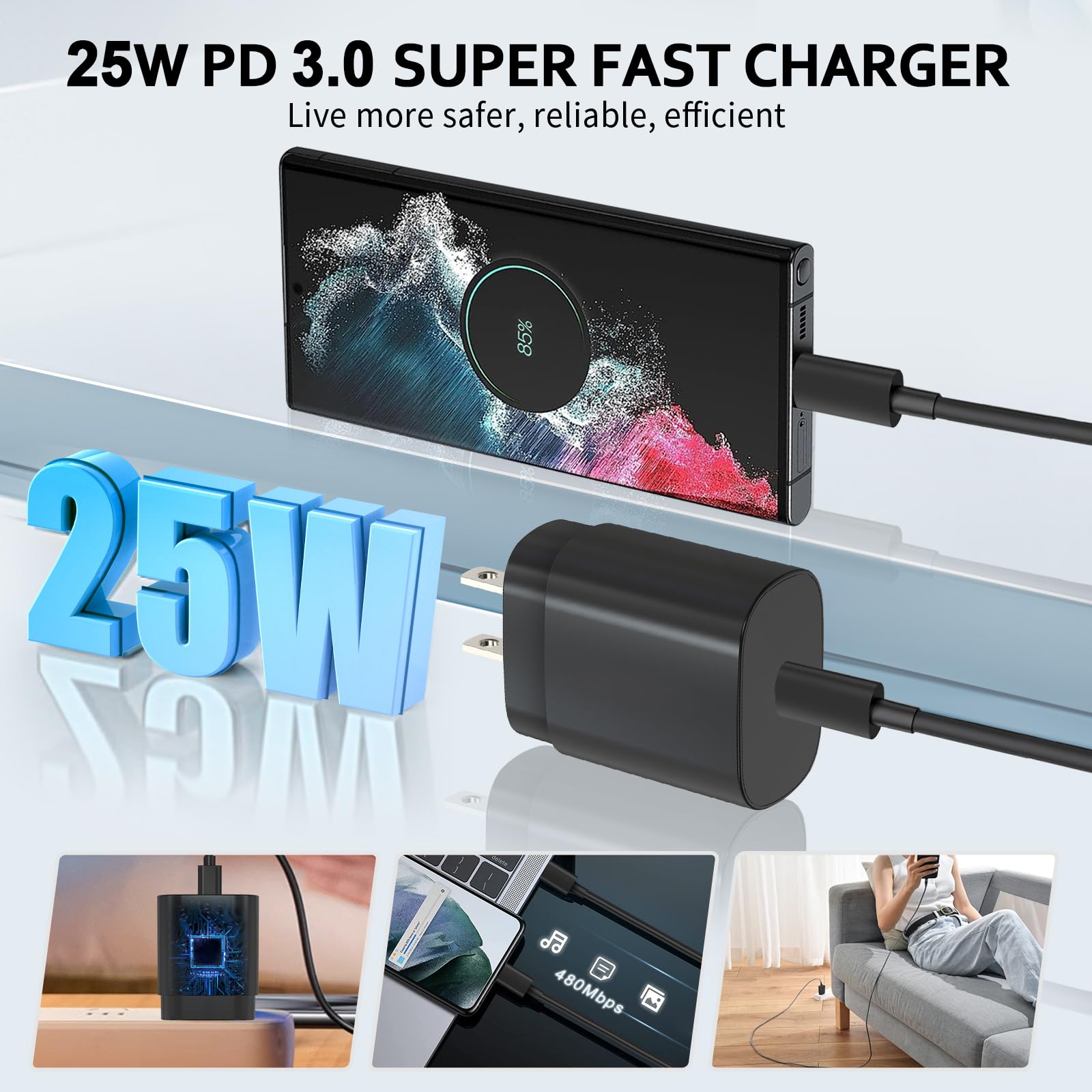 USB C Charger,2 Pack 25W USB C Fast Charger Super Fast Charging with 6FT USB C Cable Compatible with Samsung Galaxy S24 Ultra/S24 Plus/S24/S23/S22/S21/S20 Android Charger and More - Available at All In One Marketplace Canada