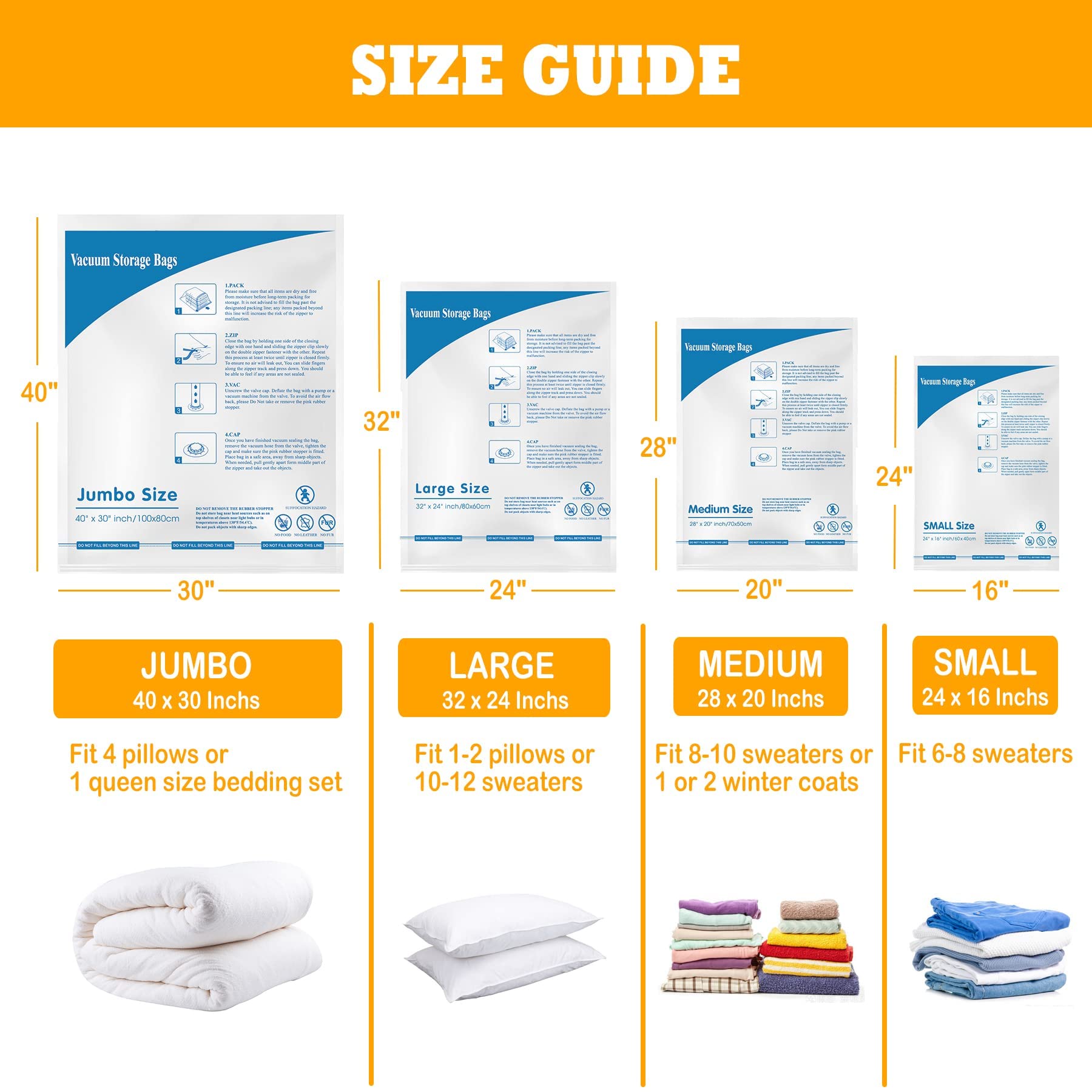 Vacuum Storage Bags 12 Jumbo, Space Saver Sealer Bags, Compression Bags for Clothes, Pillows, Comforters, Blankets, Bedding