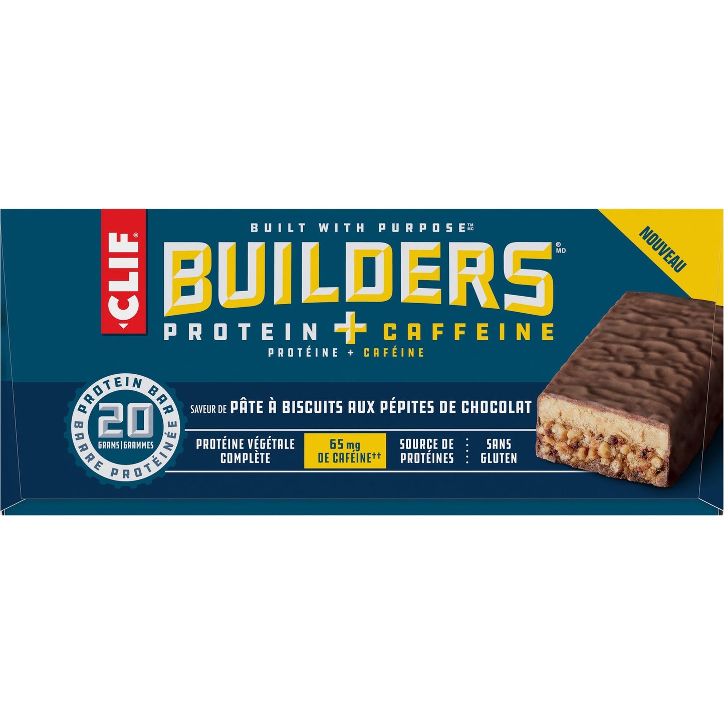 CLIF BUILDERS Protein Bars – Chocolate Chip Cookie Dough, 20g Plant Protein, Gluten Free, Non-GMO, Made in Canada, 68g Bar (Pack of 12)