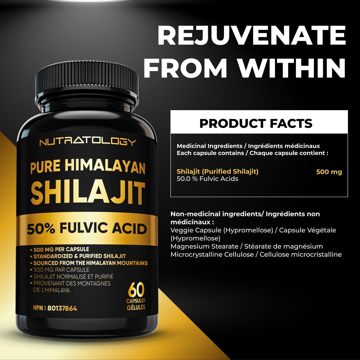Nutratology® Pure Shilajit Capsules | 50% Fulvic Acid | High Potency & Purity - Sourced from the Himalayan Mountains - Shilajit for Men & Women - 60 Count - Available at All In One Marketplace Canada