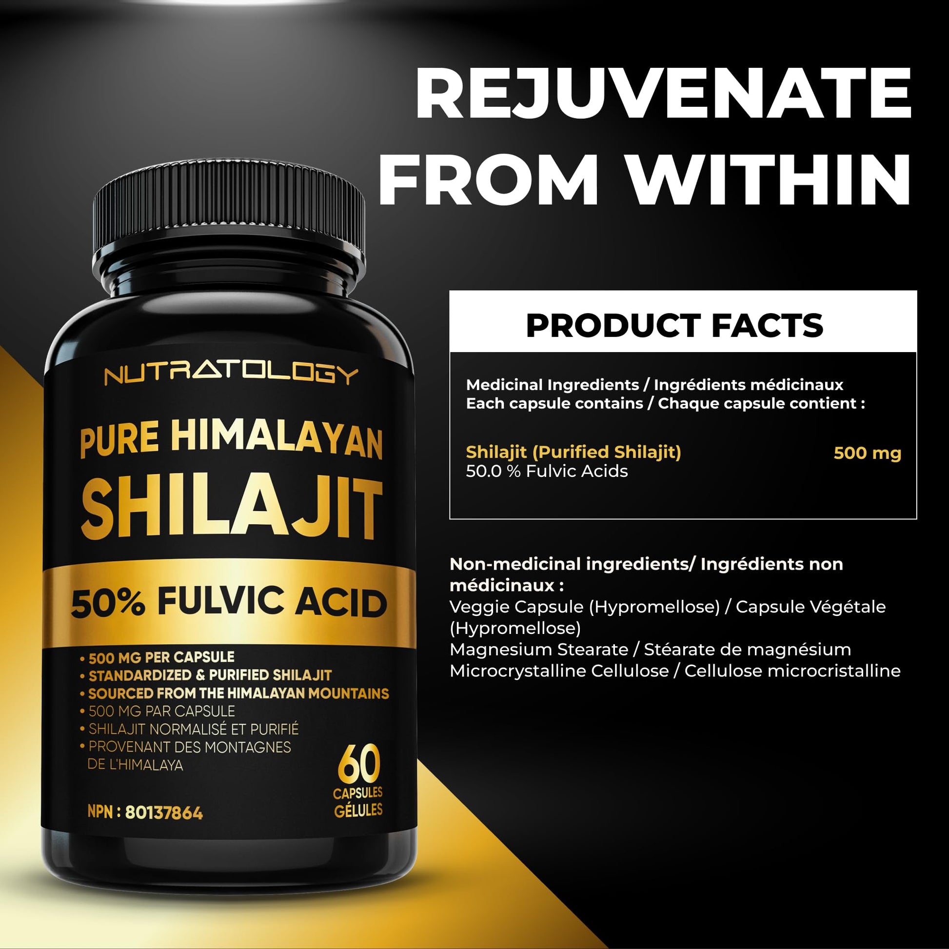 Nutratology® Pure Shilajit Capsules | 50% Fulvic Acid | High Potency & Purity - Sourced from the Himalayan Mountains - Shilajit for Men & Women - 60 Count - Available at All In One Marketplace Canada