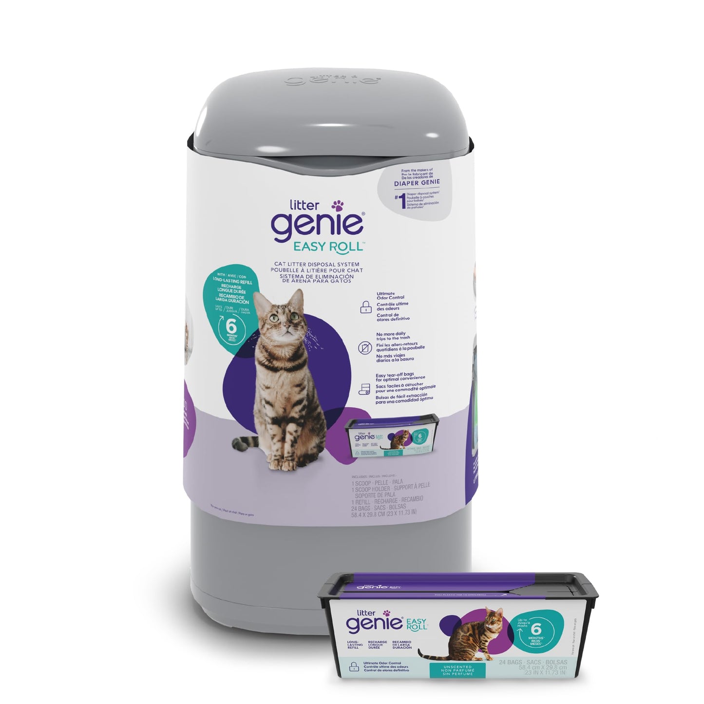 Litter Genie Easy Roll Pail with Easy Roll Refill, 24 Bags Litter Genie
