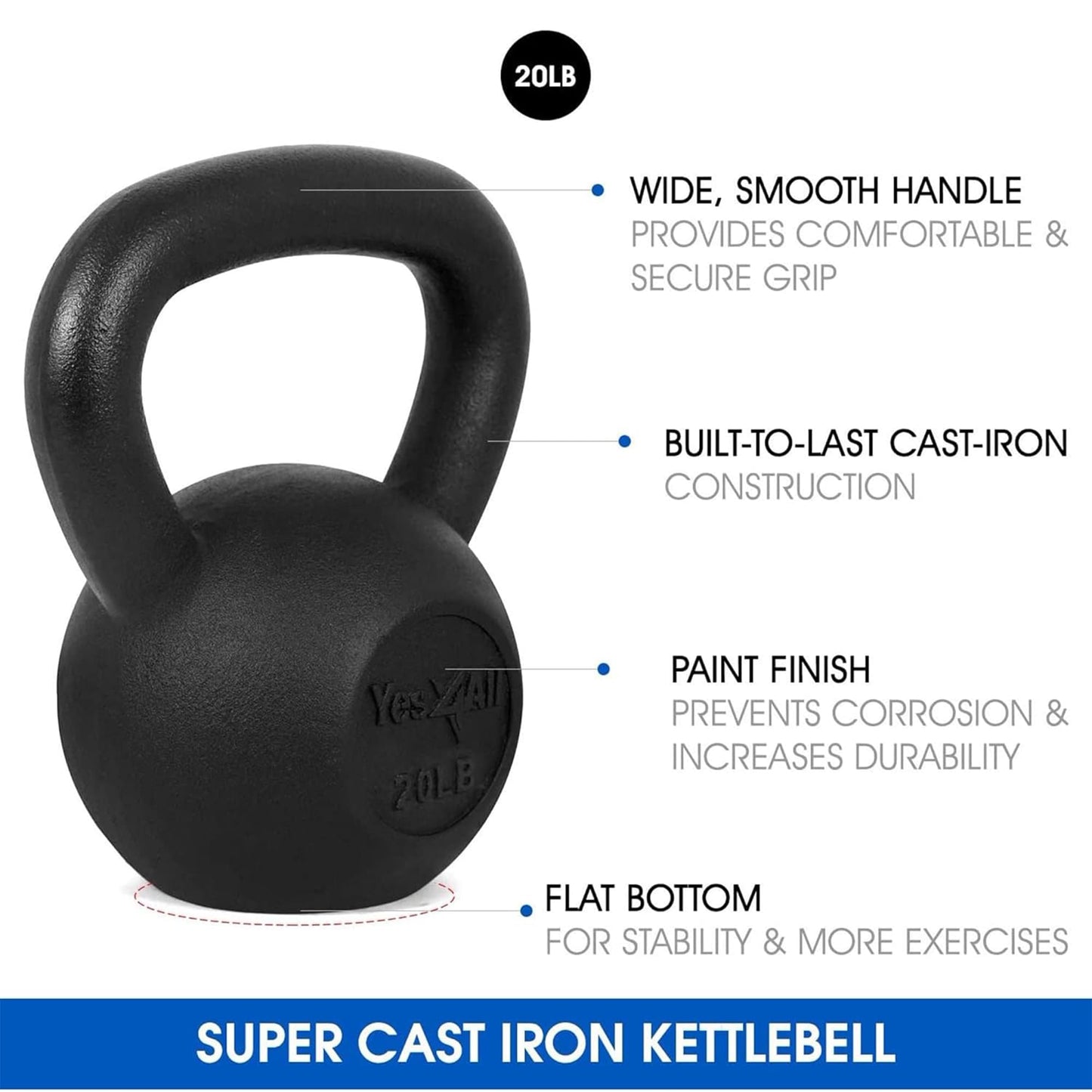 Yes4All Solid Cast Iron Kettlebell Weights Set – Great for Full Body Workout and Strength Training – Kettlebell 20 lbs (Black)