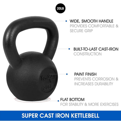 Yes4All Solid Cast Iron Kettlebell Weights Set – Great for Full Body Workout and Strength Training – Kettlebell 20 lbs (Black)