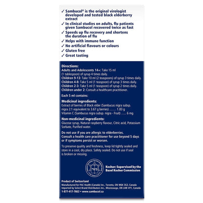 Sambucol Black Elderberry Anti-Viral Flu Care | Quickly Relieves Cold & Flu Symptoms | Immune Support & Antioxidant | Ideal for Families | Syrup, 230 mL, blue - Available at All In One Marketplace Canada