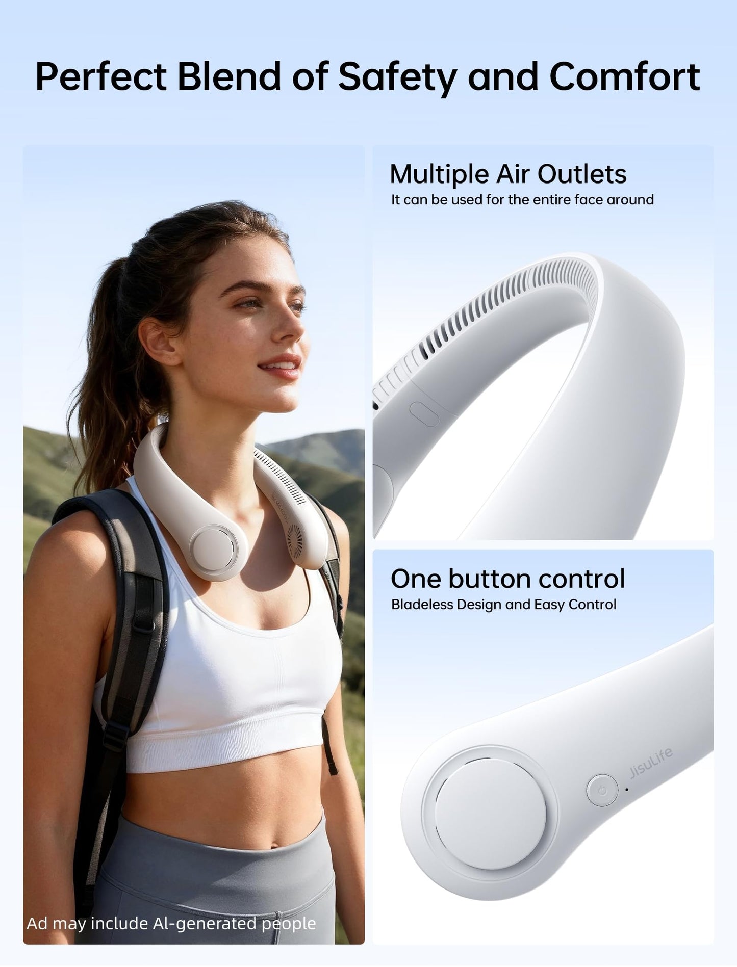 JISULIFE Portable Neck Fan, Hands Free Bladeless Hanging Sport Fan, 4000 mAh Battery Operated Wearable Personal Fan, Leafless, Rechargeable, Headphone Design, USB Powered Desk Fan, 5 Speeds - Grey