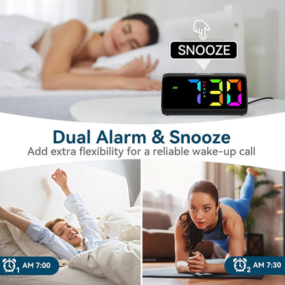 Netzu Digital Alarm Clock, RGB Loud Alarm Clocks for Bedrooms Heavy Sleepers Seniors Kids, Plug in Digital Clock with 5 Dimmers, 2 Alarms, 4 Volumes and Snooze (Black)