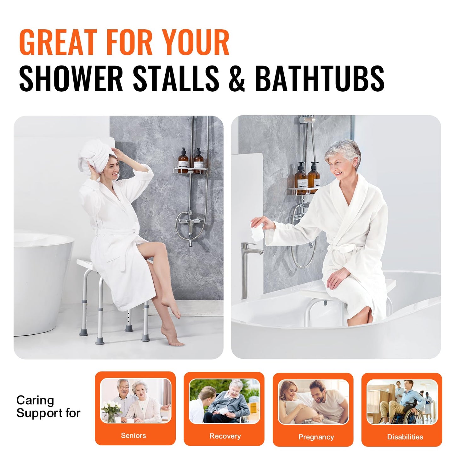 VEVOR Shower Chair, Adjustable Height Shower Stool with Built-in Handles, Shower Seat for Inside Shower or Tub, Non-Slip Bench Bathtub Stool Seat for Elderly Disabled Handicap, 158.8 kg Capacity VEVOR