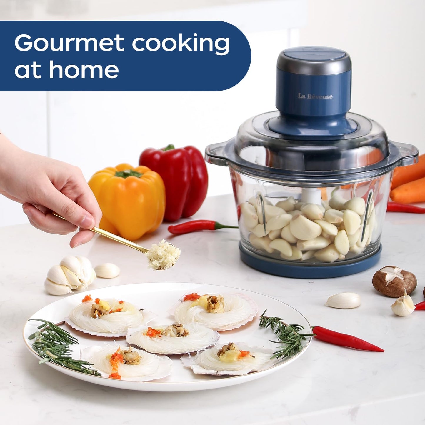 La Reveuse Food Processor,Electric Food Chopper with 7-Cup (1.7L) Glass Bowl, 4 Bi-Level Blades for Chopping,Grinding,Mincing,Whisking,Meal Prep,300W,Blue - Available at All In One Marketplace Canada