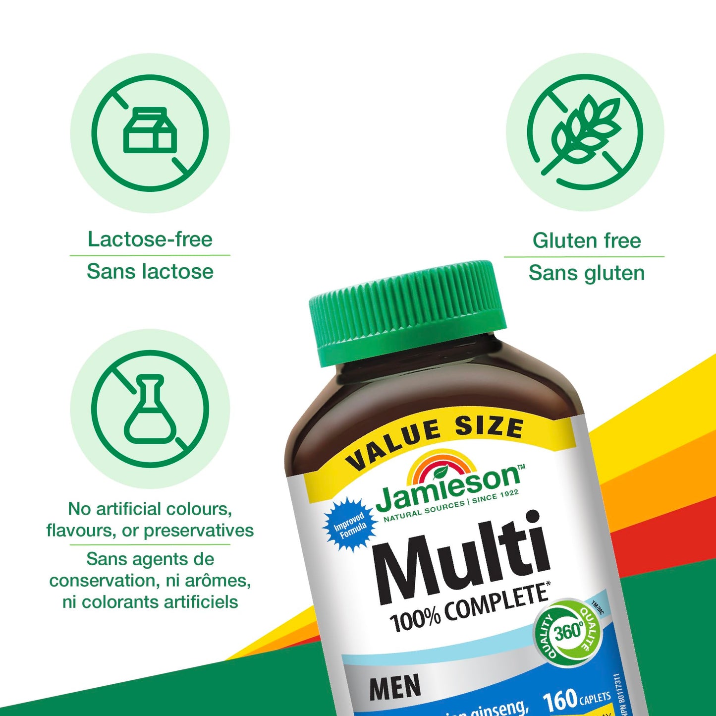 Jamieson 100% Complete Multivitamin for Men, with Siberian Ginseng, Lycopene and Selenium. Supports Eye Health, Energy, Immunity, and Everyday Health, Gluten-Free, One Per Day, 160 Caplets - Available at All In One Marketplace Canada