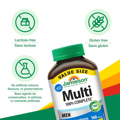 Jamieson 100% Complete Multivitamin for Men, with Siberian Ginseng, Lycopene and Selenium. Supports Eye Health, Energy, Immunity, and Everyday Health, Gluten-Free, One Per Day, 160 Caplets - Available at All In One Marketplace Canada
