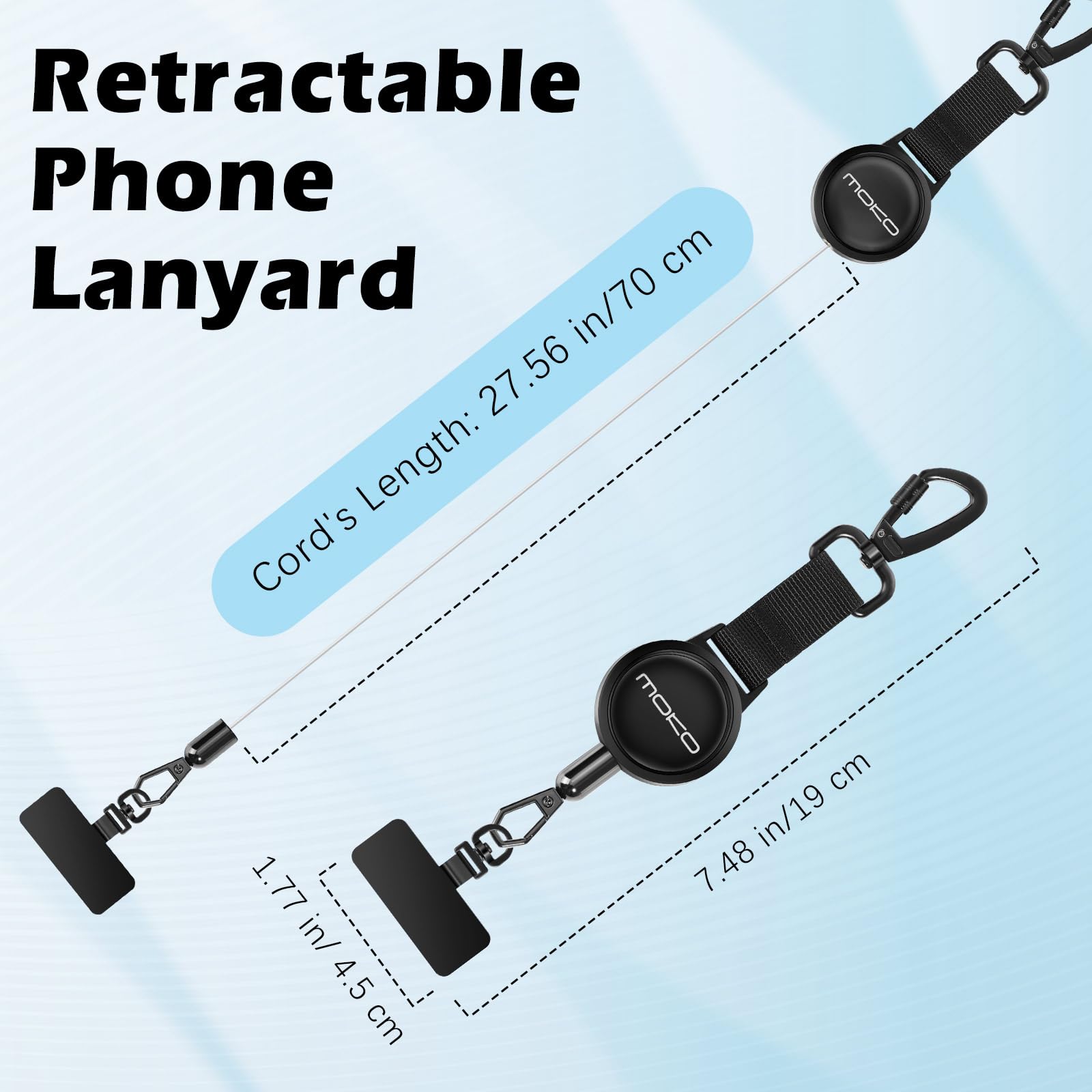 MoKo Anti-theft Phone Tether, Phone Lanyard Retractable Steel Line Cellphone Strap with Locking Carabiner and Metal 360° Tether Tab for Outdoor Skiing Hiking Climbing Fishing, Black - Available at All In One Marketplace Canada