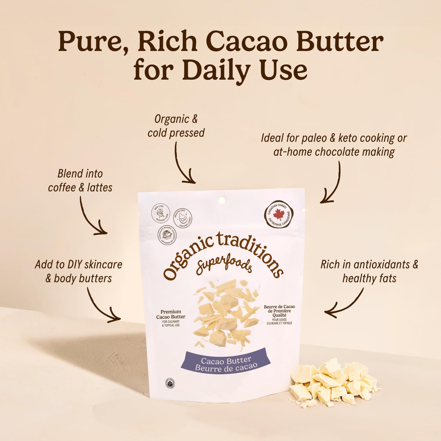 Organic Traditions Food Grade Cacao Butter, Baking Ingredient, 16oz Bag Organic Traditions