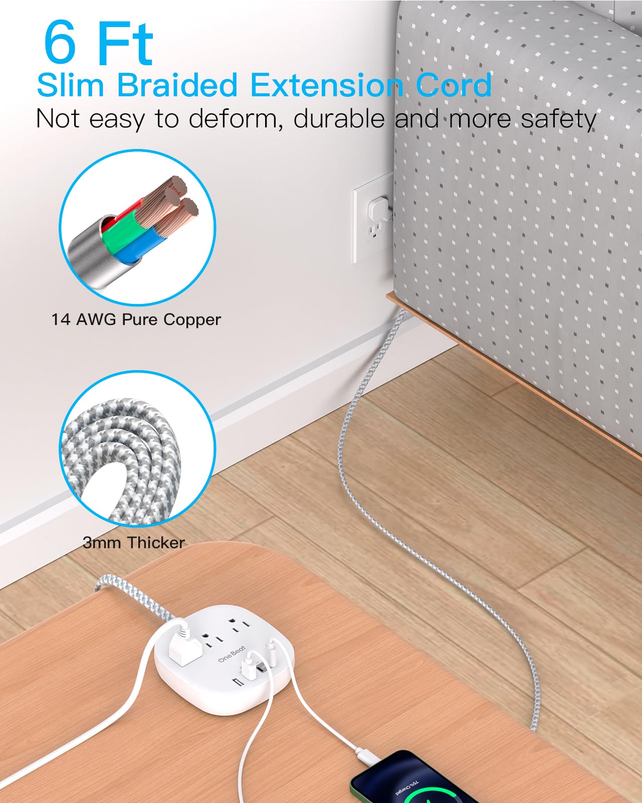 One Beat Flat Plug Power Bar with USB C, 6FT Ultra-Thin Extension Cord, 3 Outlet with 4 USB Ports (2 USB C) Desktop Charging Station, No Surge Protection for Cruise Ship, Travel Essentials, Dorm Room