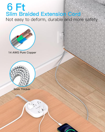 One Beat Flat Plug Power Bar with USB C, 6FT Ultra-Thin Extension Cord, 3 Outlet with 4 USB Ports (2 USB C) Desktop Charging Station, No Surge Protection for Cruise Ship, Travel Essentials, Dorm Room