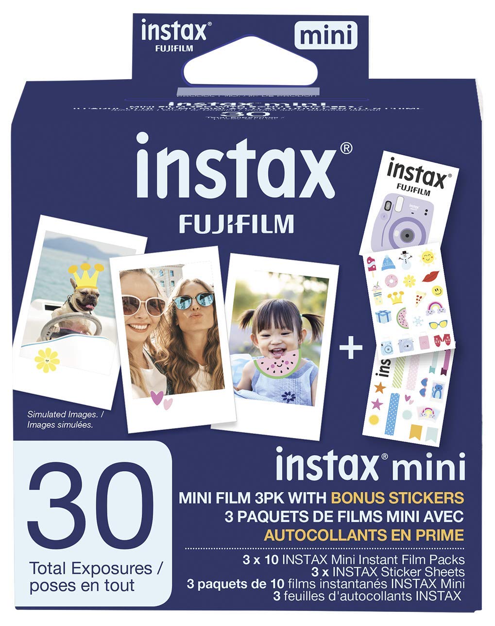Fujifilm Instax Mini Film, 3 Pack with Stickers (30 exposures) White 600022104 - Available at All In One Marketplace Canada