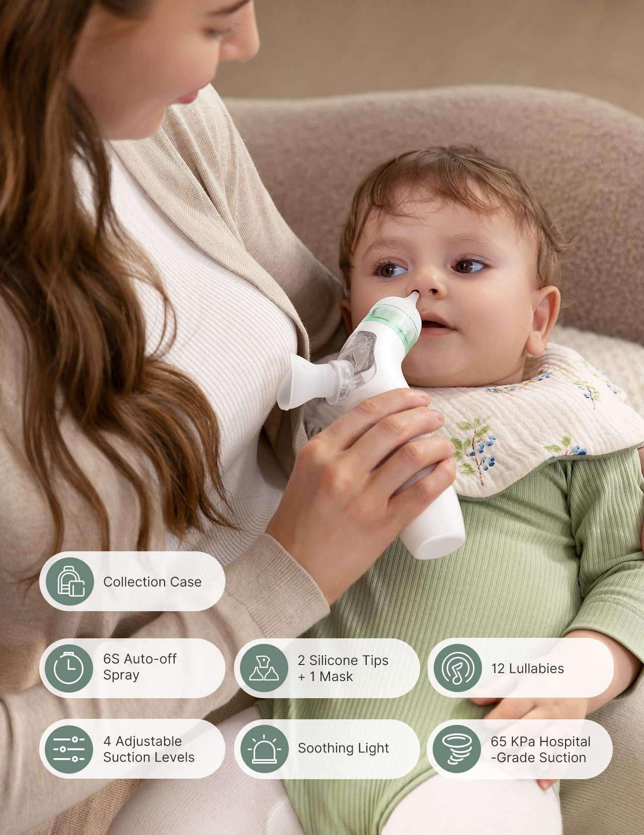 Momcozy BreezyClear™ Aspirateur nasal électrique 2-en-1 avec spray et aspiration pour bébé, 4 niveaux d'aspiration réglables jusqu'à 65kPa (qualité hospitalière), nettoyeur de nez silencieux et portable avec lumière apaisante et musique
