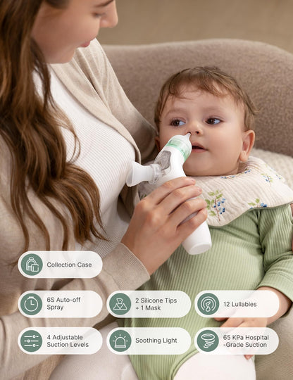 Momcozy BreezyClear™ Aspirateur nasal électrique 2-en-1 avec spray et aspiration pour bébé, 4 niveaux d'aspiration réglables jusqu'à 65kPa (qualité hospitalière), nettoyeur de nez silencieux et portable avec lumière apaisante et musique