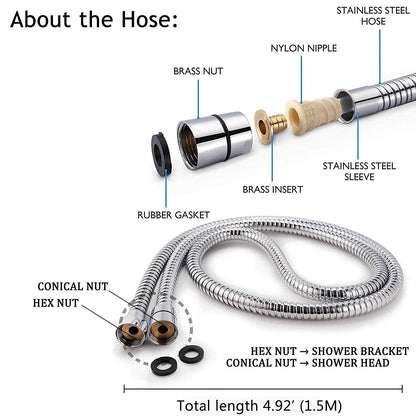 Shower Head, High Pressure Handheld Showerhead with Hose, 5 Settings Chrome Finished Hand Held Rainfall Shower Set- Including Bracket Teflon Washer - Available at All In One Marketplace Canada