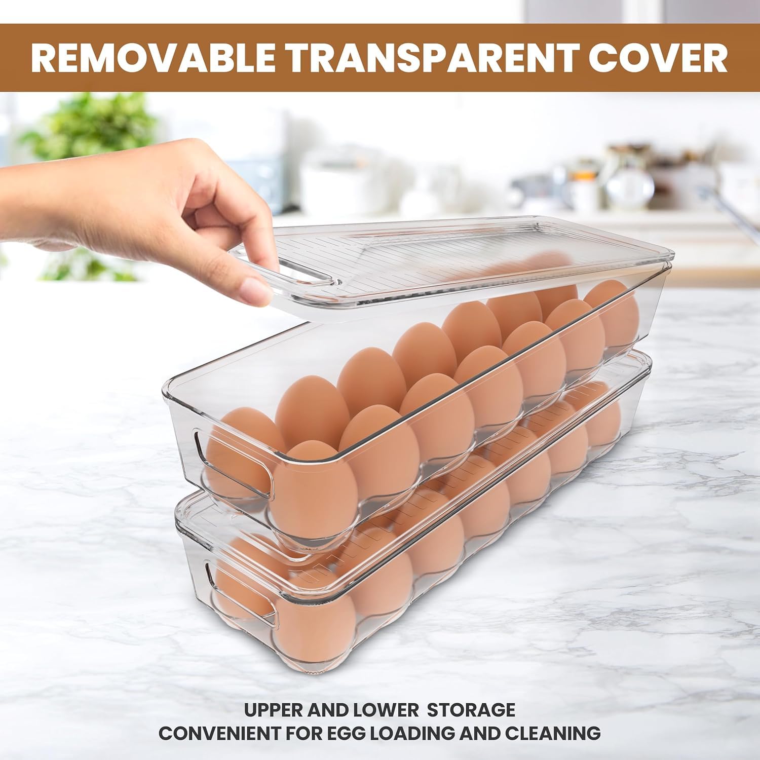 KICHLY Pack of 2 - Egg Basket for fridge - Egg Holder for Fridge - 14 Egg Container With Lid & Handle, Egg Container For Refrigerator, Stackable Plastic Egg Tray with Lids (Clear) - Available at All In One Marketplace Canada