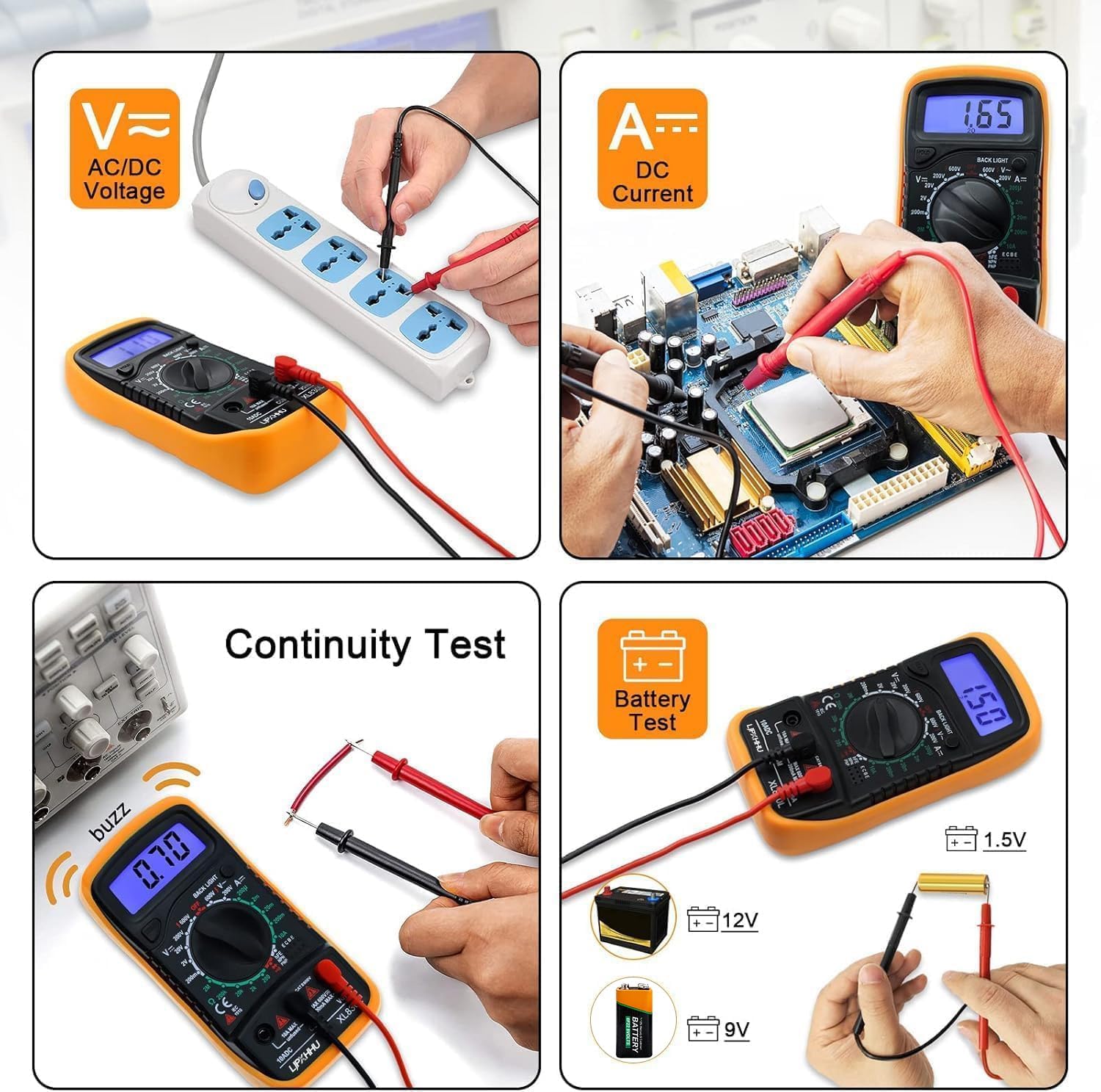 Digital Multimeter Voltmeter Battery Voltage Multi Tester AC DC Volt OHM Amp Current Meter Circuit Continuity Resistance Diode Electrical Tester with Test Leads Backlight LCD Display