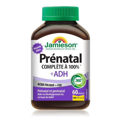 Jamieson Prenatal 100% Complete Multivitamin + DHA, with Folic Acid and Iron, 60 Softgels. For Prenatal, Postnatal and Breastfeeding, Supports Baby's Developing Brain, Gluten-Free, One Per Day