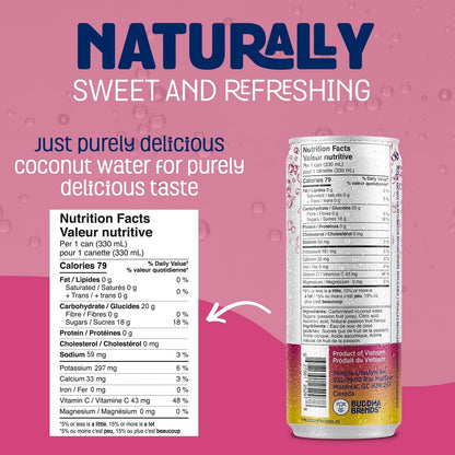 THIRSTY BUDDHA Sparkling Coconut Water with Passion Fruit, No Added Sugar, Pure Coco Drink, Natural Fruit Flavour, Electrolyte & Nutrient-Rich, 12 Pack, (12/330ml)