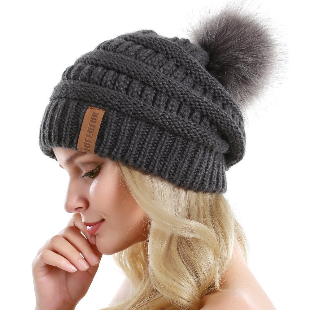 Queenfur Knit Slouchy Beanie for Women Thick Baggy Hat Faux Fur Pompom Winter Hat 🍁 All In One Marketplace Canada