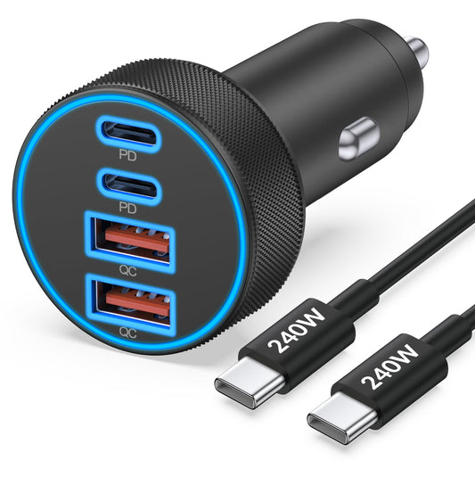 iPhone 17 16 15 Car Charger Fast Charging, 90W 4-Port USB C Fast Car Charger Cigarette Lighter Adapter with 240W 3FT USB-C Cable for iPhone 17/Air/17 Pro/17e/16/15 Pro Max/Plus/16e, iPad, Android