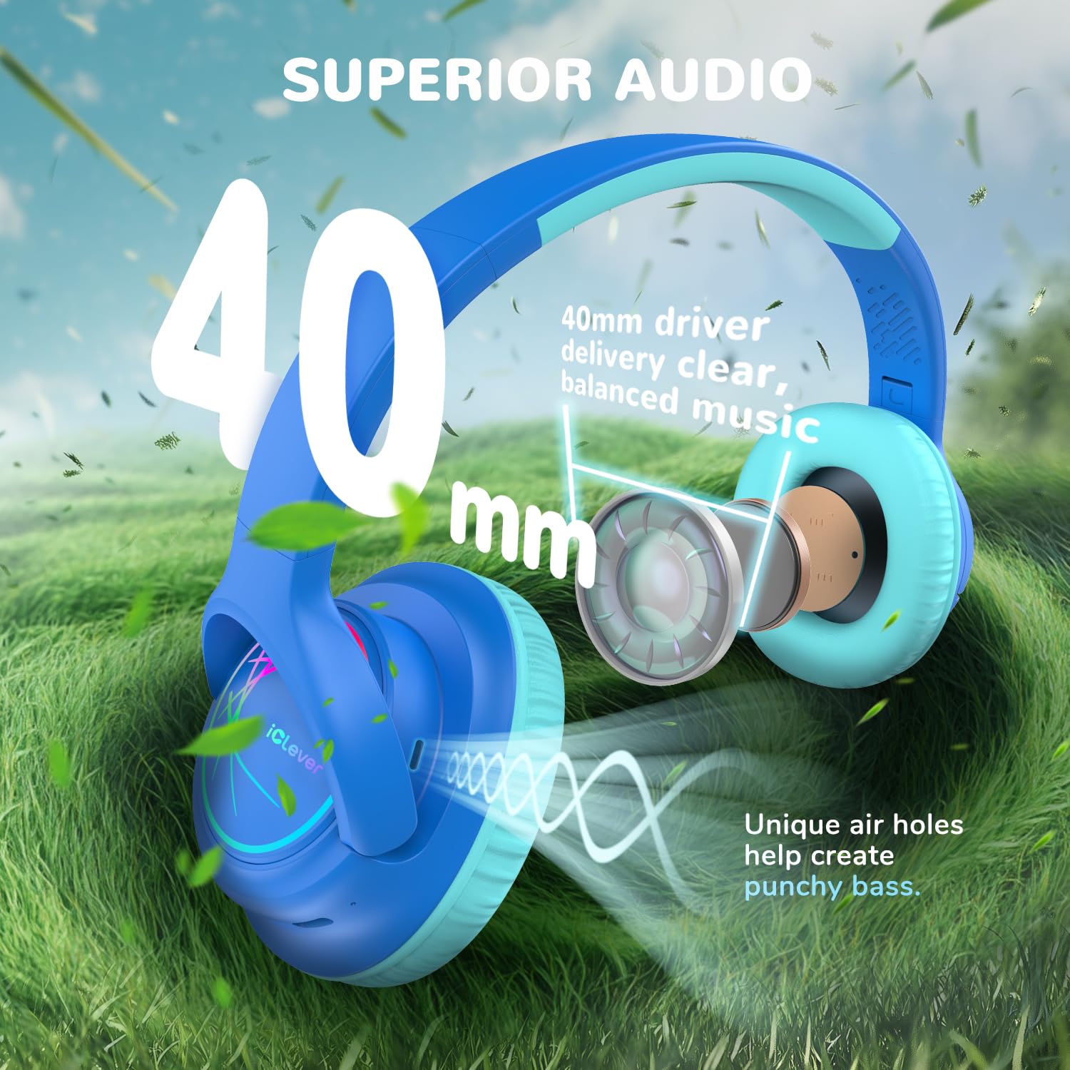 Kids Headphones Wireless with LED Lights, iClever BTH18 Safe Volume 74/85dBA, 43H Playtime, Stereo Sound, USB-C, AUX Cable, Bluetooth5.3 Over Ear Kids Toddler Headphones for Tablet/Travel, Blue
