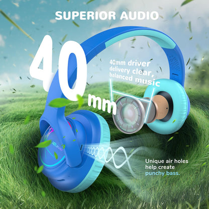 Kids Headphones Wireless with LED Lights, iClever BTH18 Safe Volume 74/85dBA, 43H Playtime, Stereo Sound, USB-C, AUX Cable, Bluetooth5.3 Over Ear Kids Toddler Headphones for Tablet/Travel, Blue