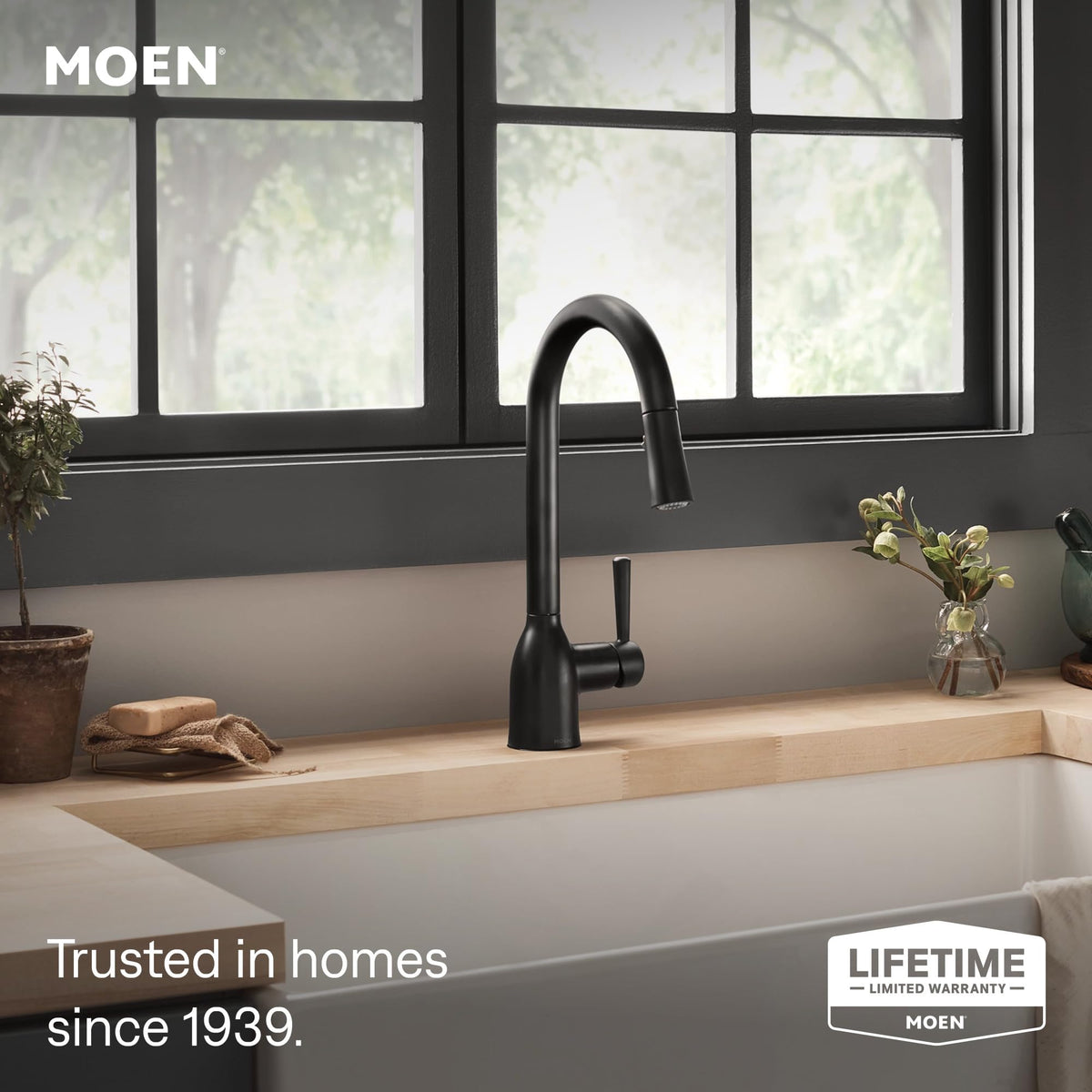 Moen 87233BL Adler One-Handle High Arc Pulldown Kitchen Faucet with Power Clean, Matte Black