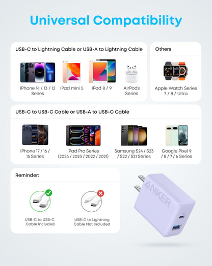 Anker iPhone 16 Charger, 2-Pack 20W Fast USB C Charger Block, for iPhone 16/16 Pro Max/15 Series/iPad Pro and More (Purple, 2 Pack & 2 Cable)
