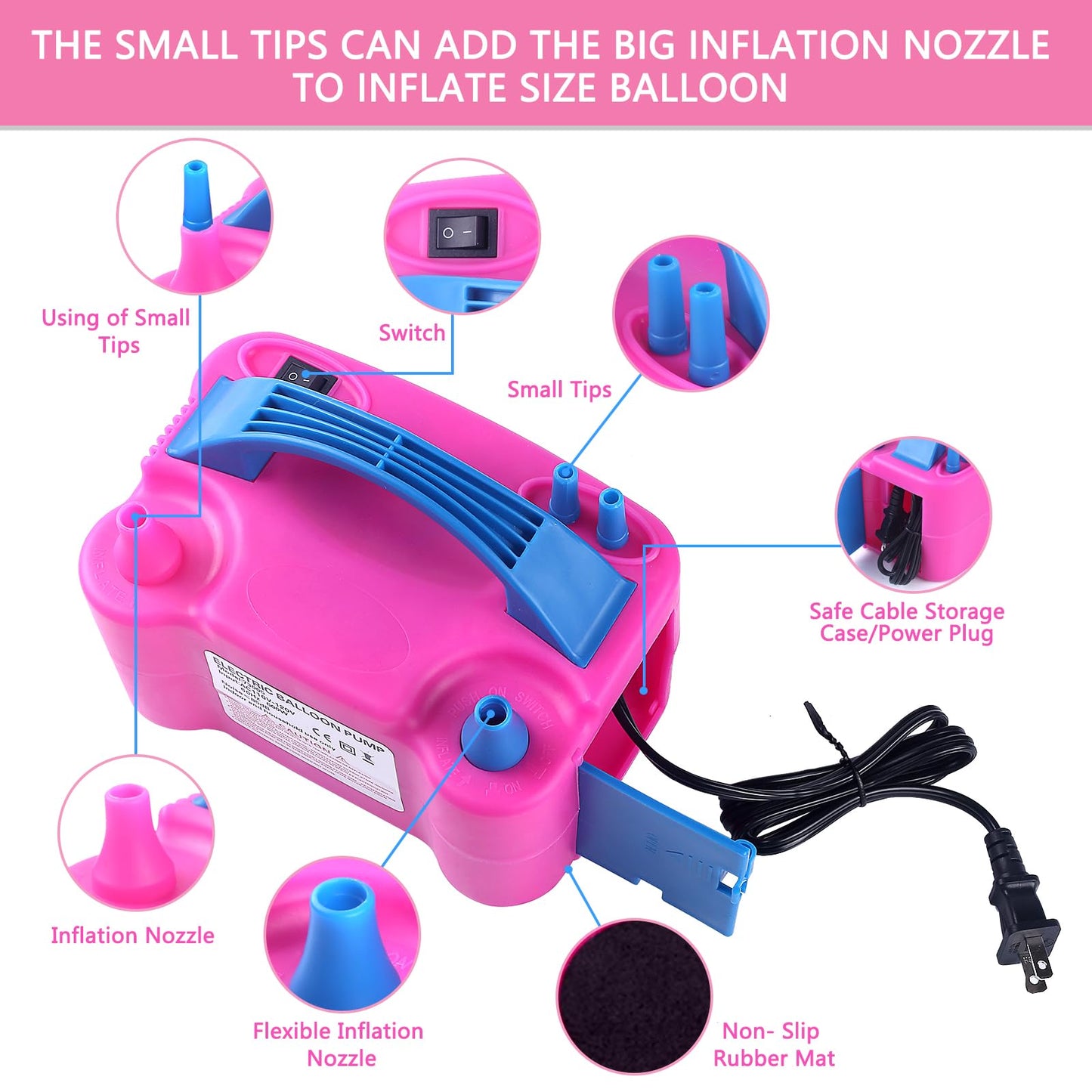 Electric Balloon Pump,Balloon Inflator, Dual Nozzle Electric Air Pump,Balloon Pump Balloons Blower 110V 600W for Party Decoration with Gifts:2 Balloon Tying Tools (Rose red)