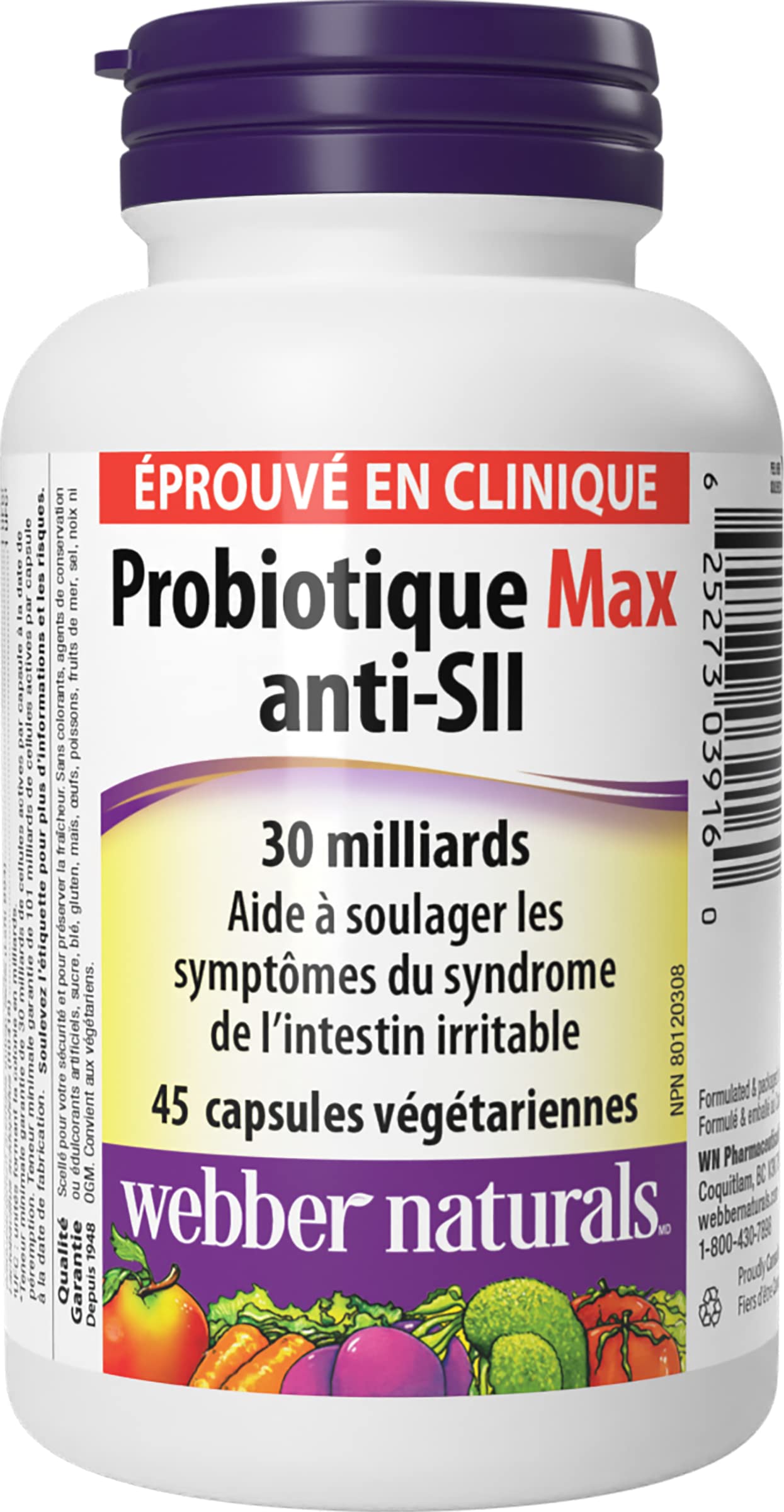 Webber Naturals Probiotic Max IBS Support, 30 Billion Active Cells, 5 Probiotic Strains, 45 Capsules, Helps Reduce Symptoms of Irritable Bowel Syndrome, Vegetarian - Available at All In One Marketplace Canada